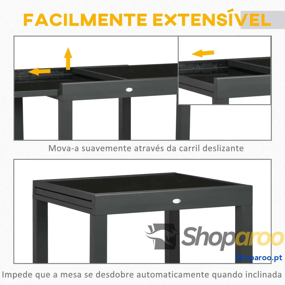 Mesa de Jardim Extensível Alumínio com Bancada Vidro Temperado 160x80x75 cm Preto