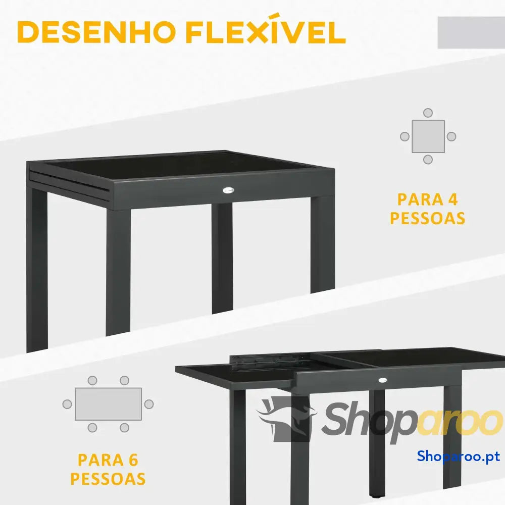 Mesa de Jardim Extensível Alumínio com Bancada Vidro Temperado 160x80x75 cm Preto