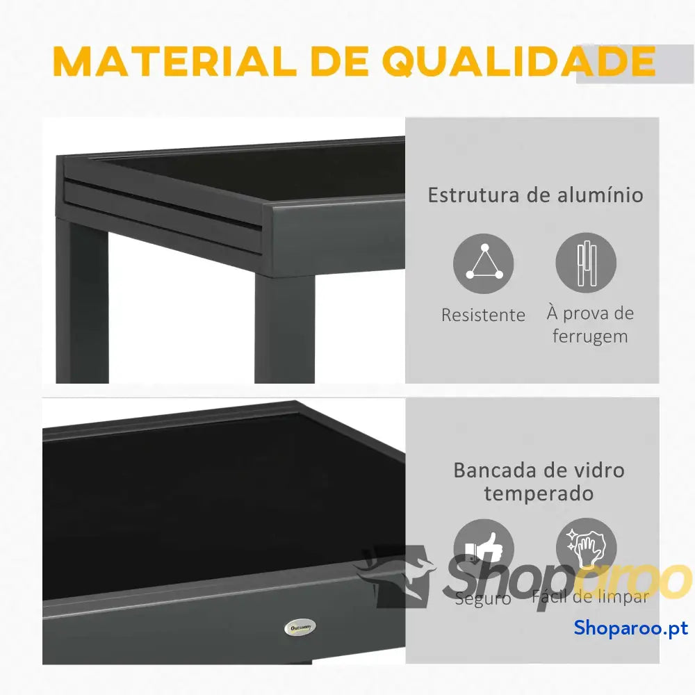 Mesa de Jardim Extensível Alumínio com Bancada Vidro Temperado 160x80x75 cm Preto