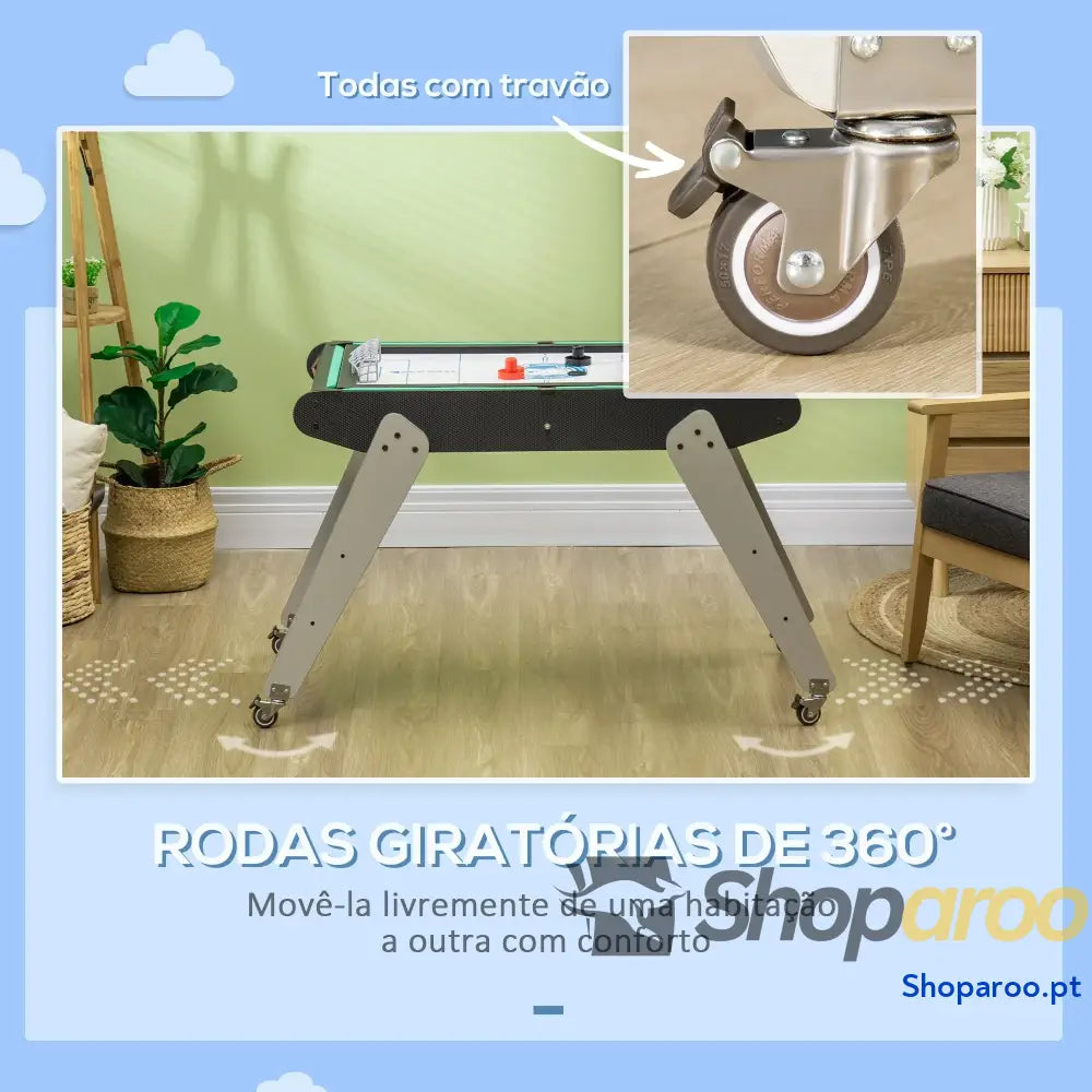 Mesa de Jogos 6 em 1 com Rodas Bilhar Matraquilho Ping Pong Lançamento Anéis Hóquei Bastão e Discos 120x88x79cm Multicor