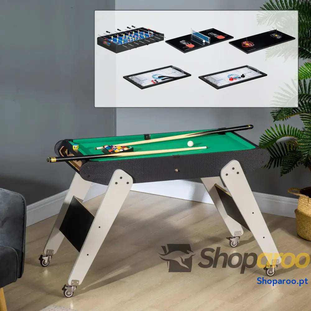 Mesa de Jogos 6 em 1 com Rodas Bilhar Matraquilho Ping Pong Lançamento Anéis Hóquei Bastão e Discos 120x88x79cm Multicor