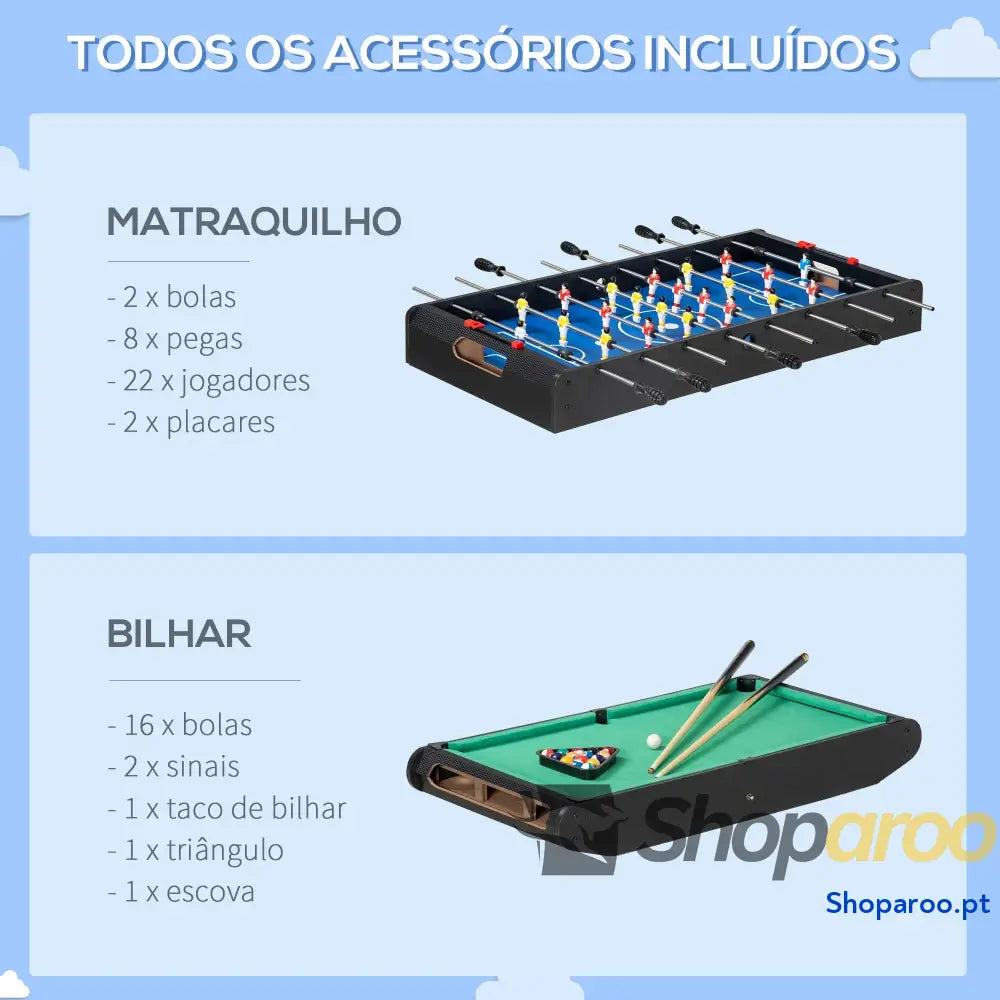 Mesa de Jogos 6 em 1 com Rodas Bilhar Matraquilho Ping Pong Lançamento Anéis Hóquei Bastão e Discos 120x88x79cm Multicor