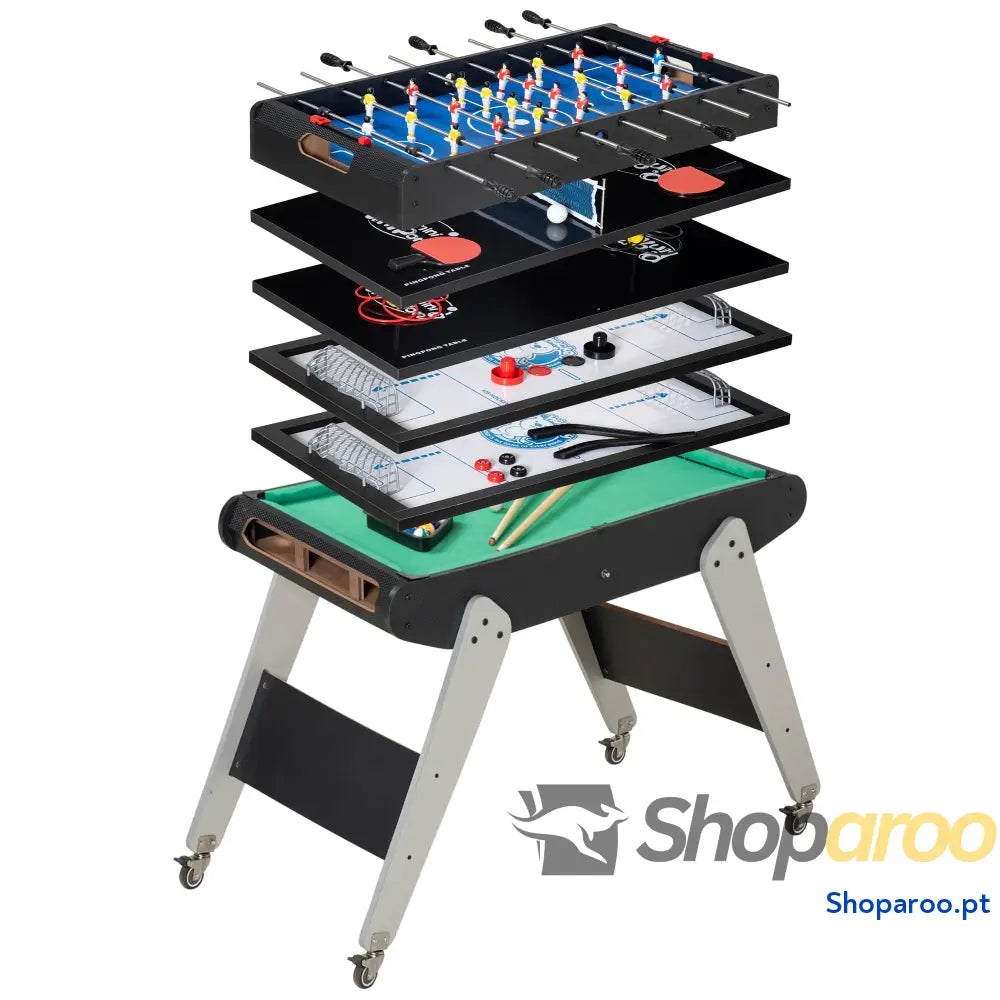 Mesa de Jogos 6 em 1 com Rodas Bilhar Matraquilho Ping Pong Lançamento Anéis Hóquei Bastão e Discos 120x88x79cm Multicor