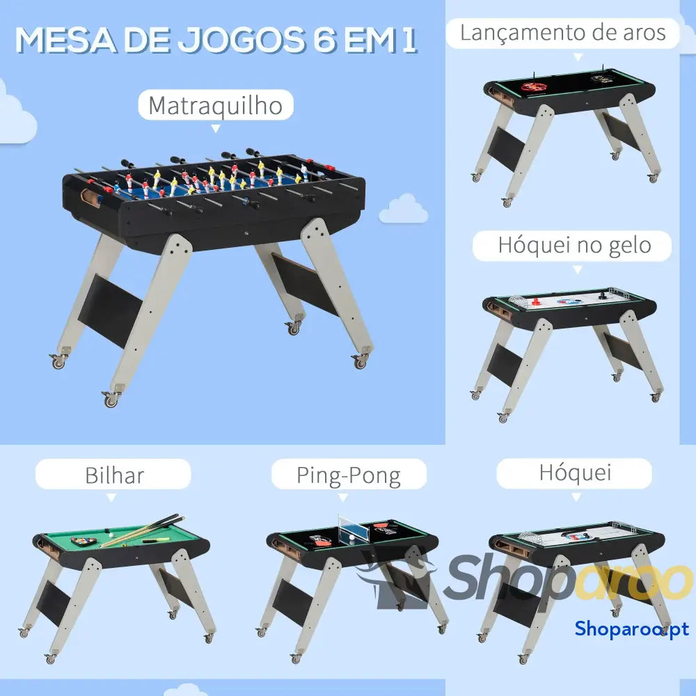 Mesa de Jogos 6 em 1 com Rodas Bilhar Matraquilho Ping Pong Lançamento Anéis Hóquei Bastão e Discos 120x88x79cm Multicor