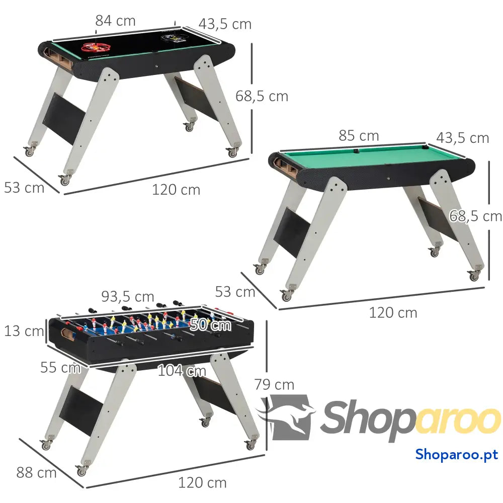 Mesa de Jogos 6 em 1 com Rodas Bilhar Matraquilho Ping Pong Lançamento Anéis Hóquei Bastão e Discos 120x88x79cm Multicor