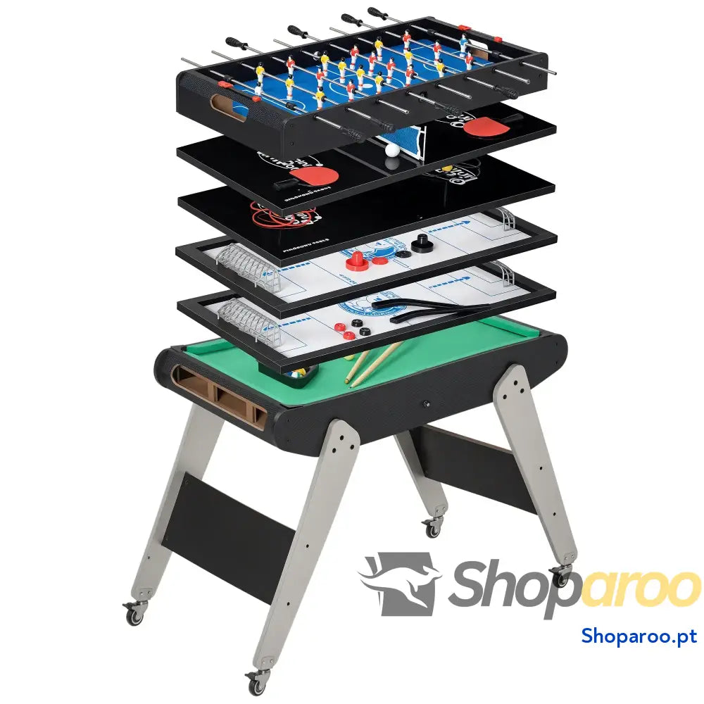 Mesa de Jogos 6 em 1 com Rodas Bilhar Matraquilho Ping Pong Lançamento Anéis Hóquei Bastão e Discos 120x88x79cm Multicor