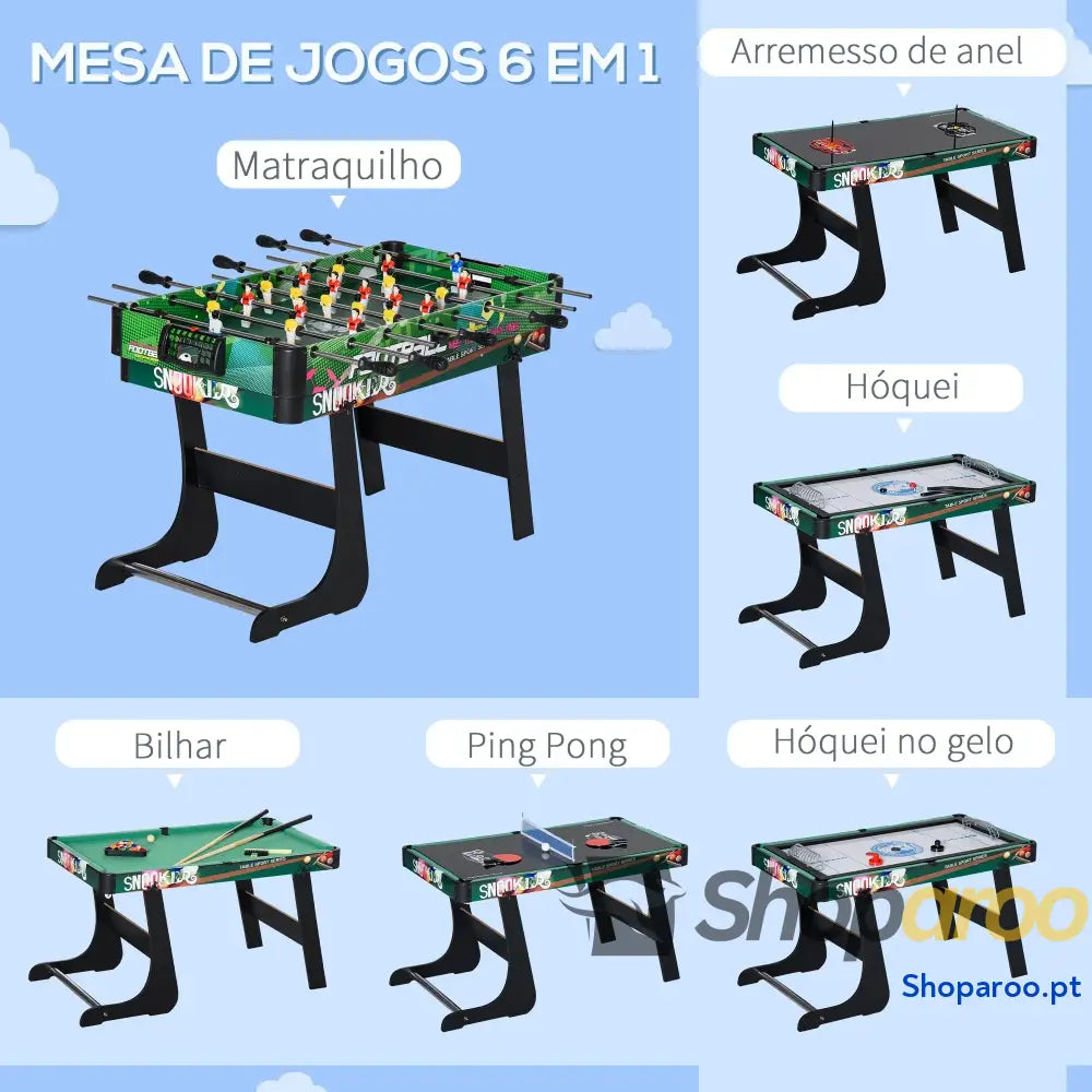 Mesa de Jogos 6 em 1 Dobrável Bilhar Matraquilho Ping Pong Lançamento Anéis Hóquei com Bastão e Discos 118x104x71cm