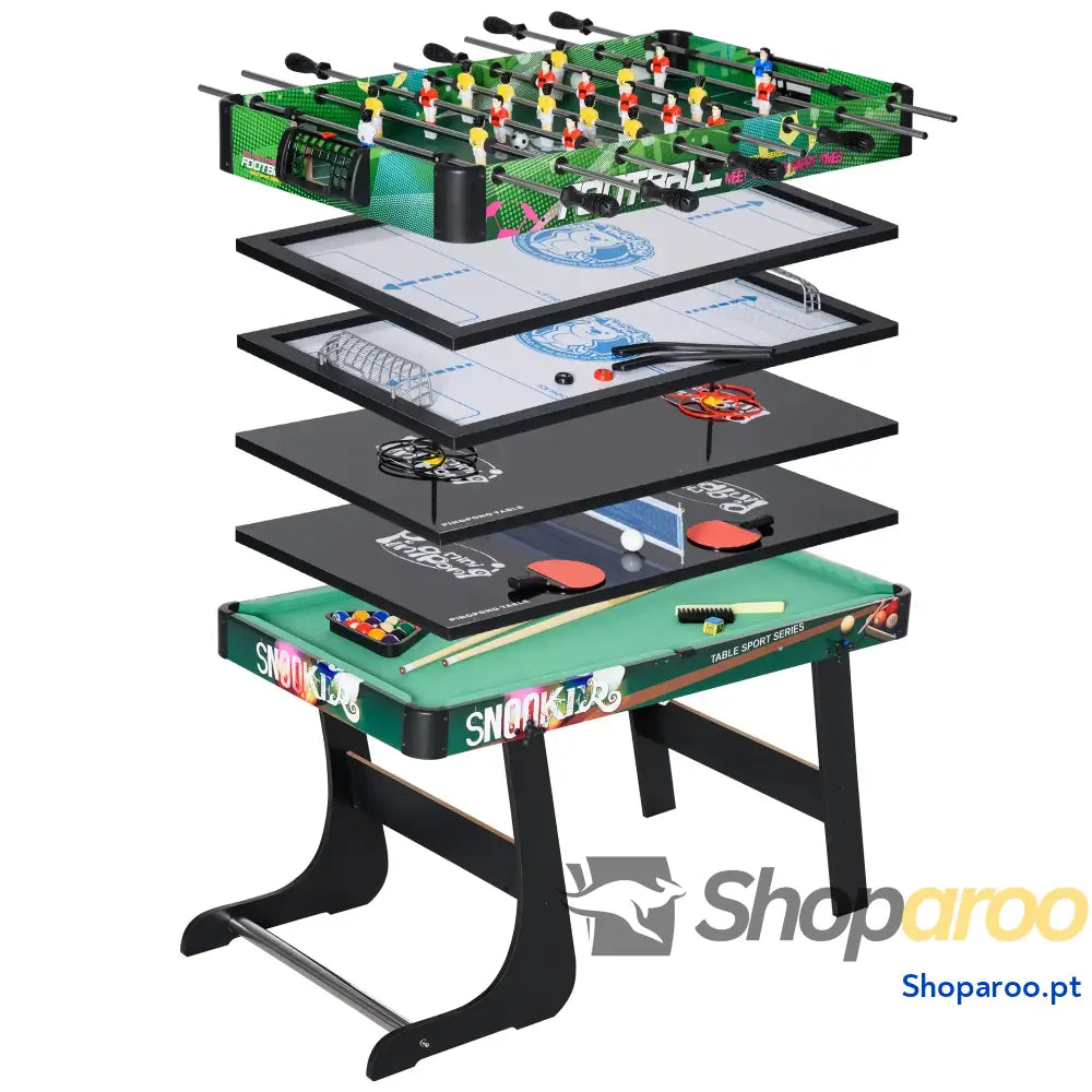 Mesa de Jogos 6 em 1 Dobrável Bilhar Matraquilho Ping Pong Lançamento Anéis Hóquei com Bastão e Discos 118x104x71cm