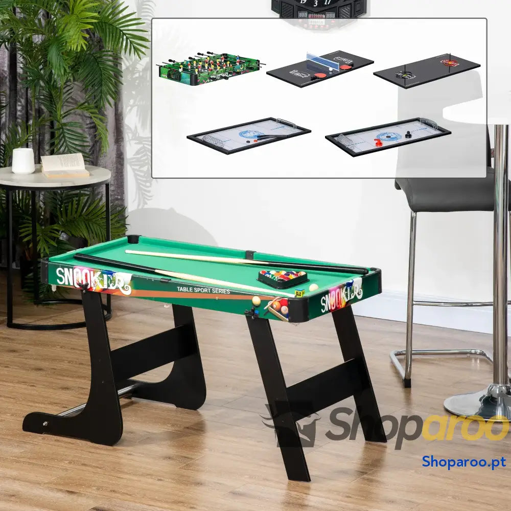 Mesa de Jogos 6 em 1 Dobrável Bilhar Matraquilho Ping Pong Lançamento Anéis Hóquei com Bastão e Discos 118x104x71cm