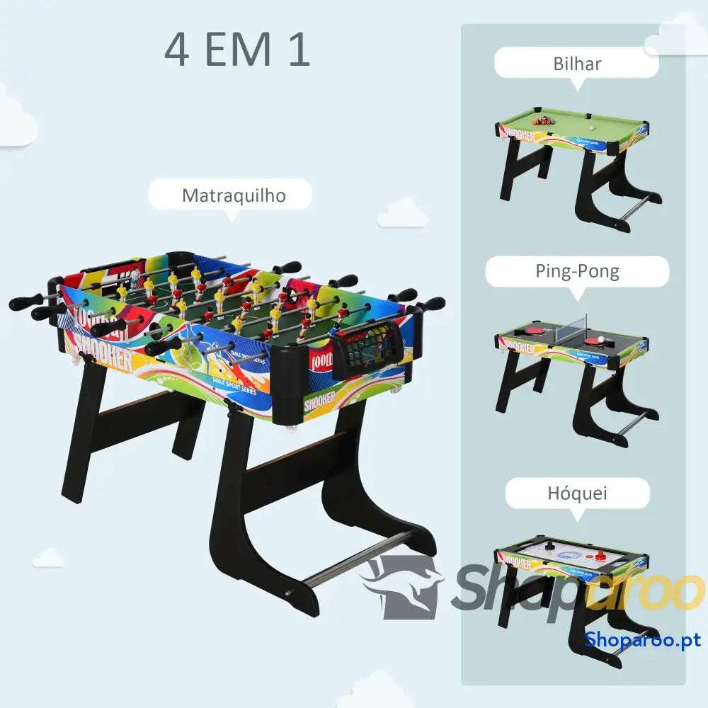 Mesa de Jogos Dobrável 4 em 1 Matraquilhos Hóquei Bilhar Pingue Pongue e Acessórios Incluídos 86,5x43,5x64 cm Multicor