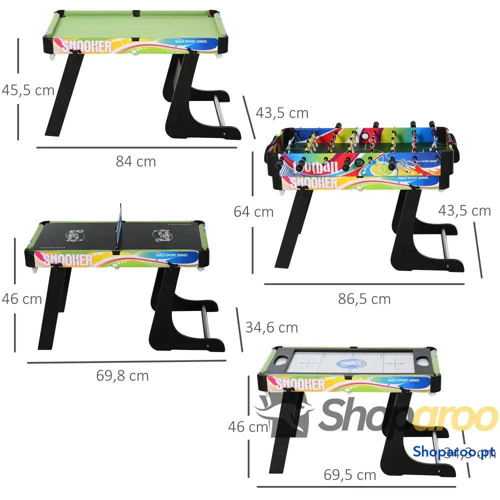 Mesa de Jogos Dobrável 4 em 1 Matraquilhos Hóquei Bilhar Pingue Pongue e Acessórios Incluídos 86,5x43,5x64 cm Multicor