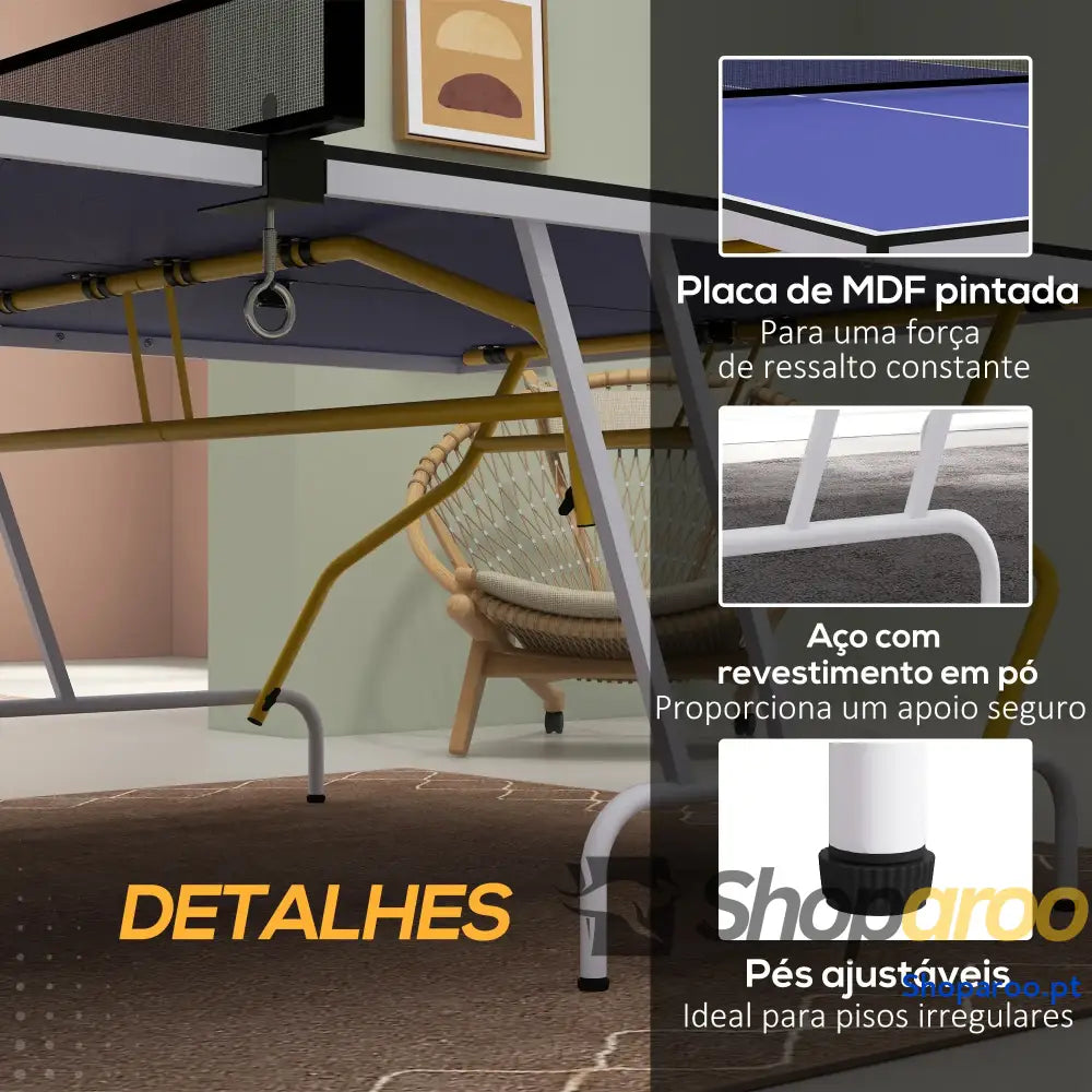 Mesa de Ping Pong Dobrável com Rede Apoio para os Pés Ajustáveis e Estrutura Aço Interior Exterior 274x152,5x76 cm Azul