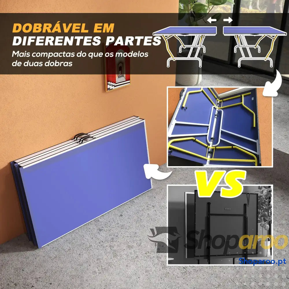 Mesa de Ping Pong Dobrável com Rede Apoio para os Pés Ajustáveis e Estrutura Aço Interior Exterior 274x152,5x76 cm Azul