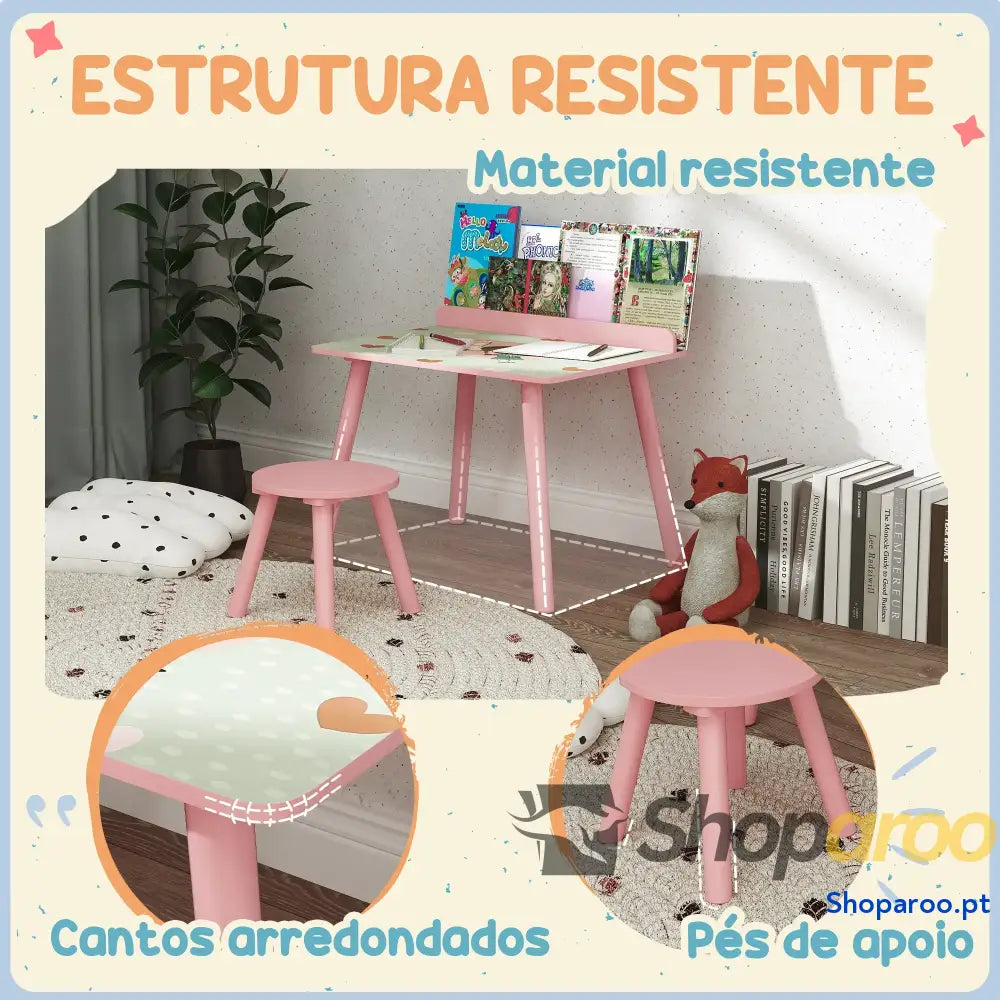 Mesa e cadeira para crianças com prateleira livros rosa