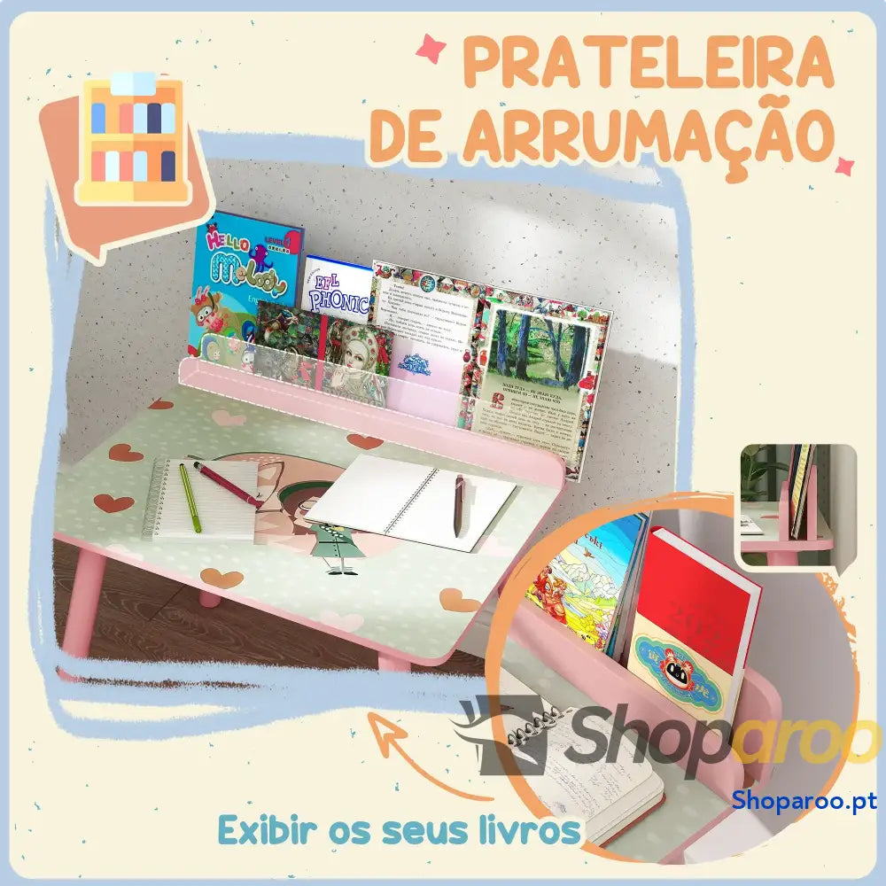 Mesa e cadeira para crianças com prateleira livros rosa