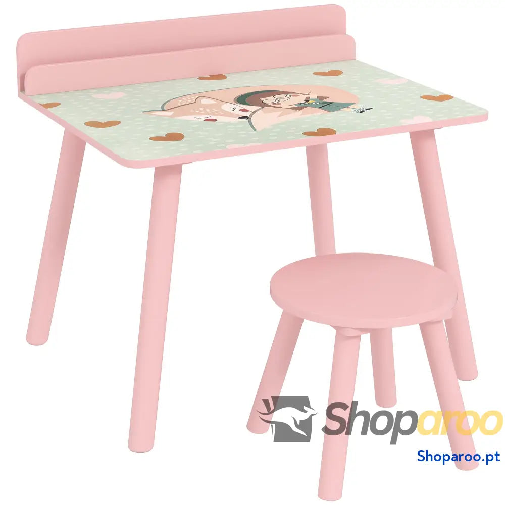 Mesa e cadeira para crianças com prateleira livros rosa