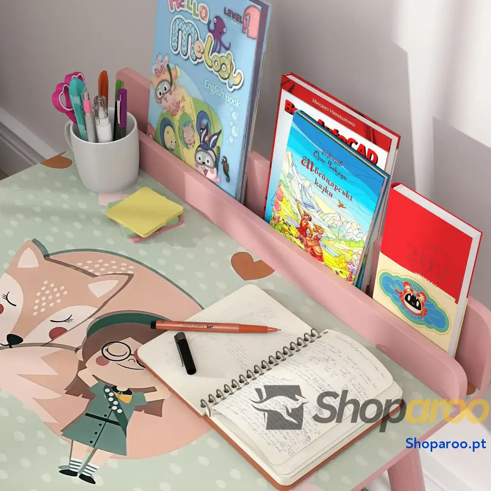 Mesa e cadeira para crianças com prateleira livros rosa