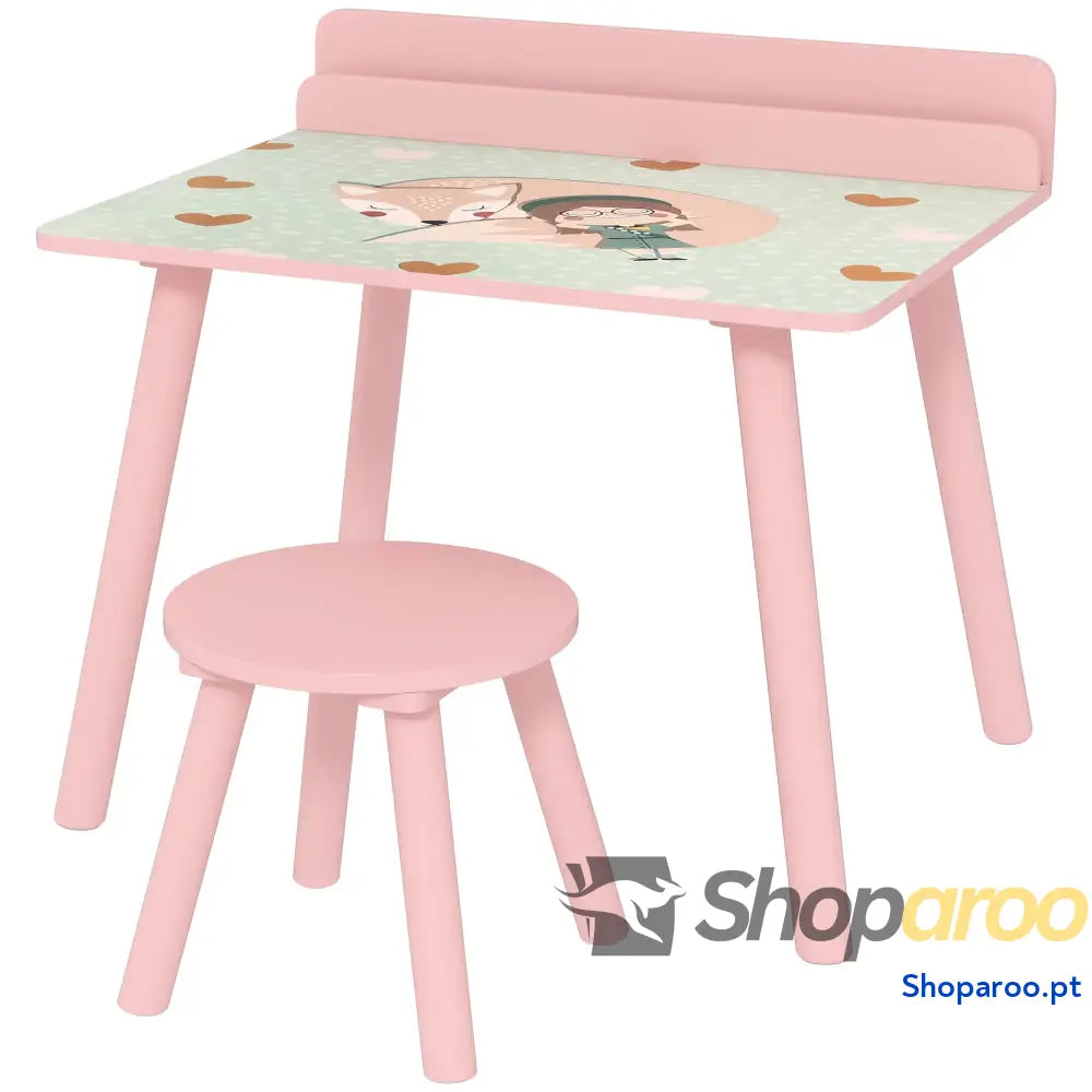 Mesa e cadeira para crianças com prateleira livros rosa