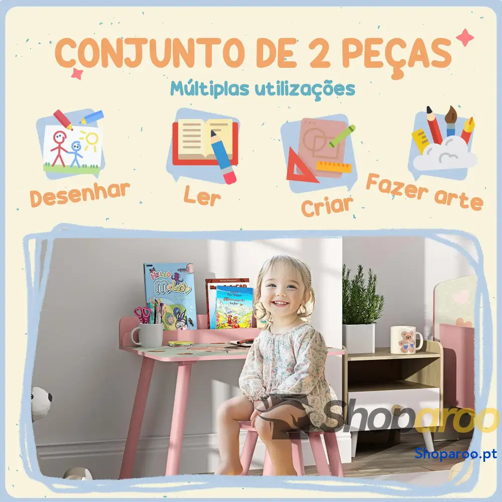 Mesa e cadeira para crianças com prateleira livros rosa