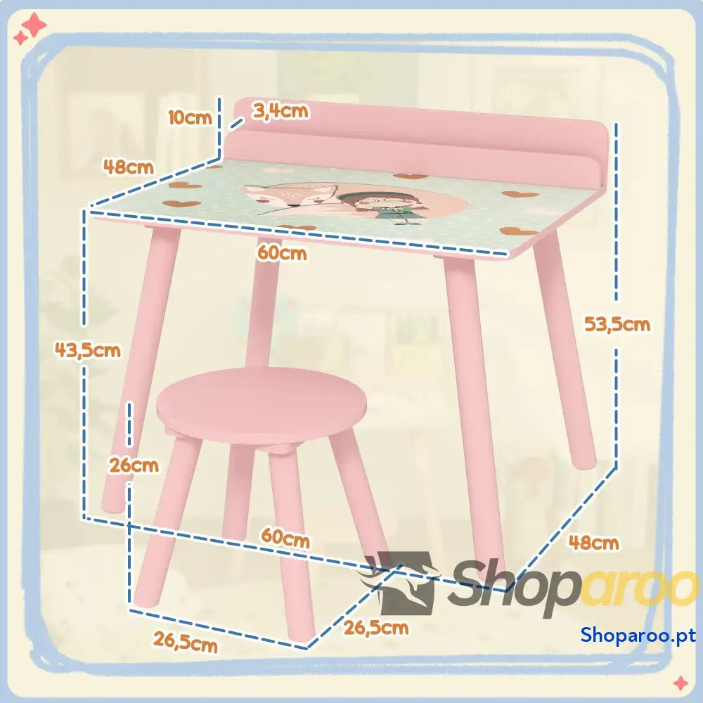 Mesa e cadeira para crianças com prateleira livros rosa