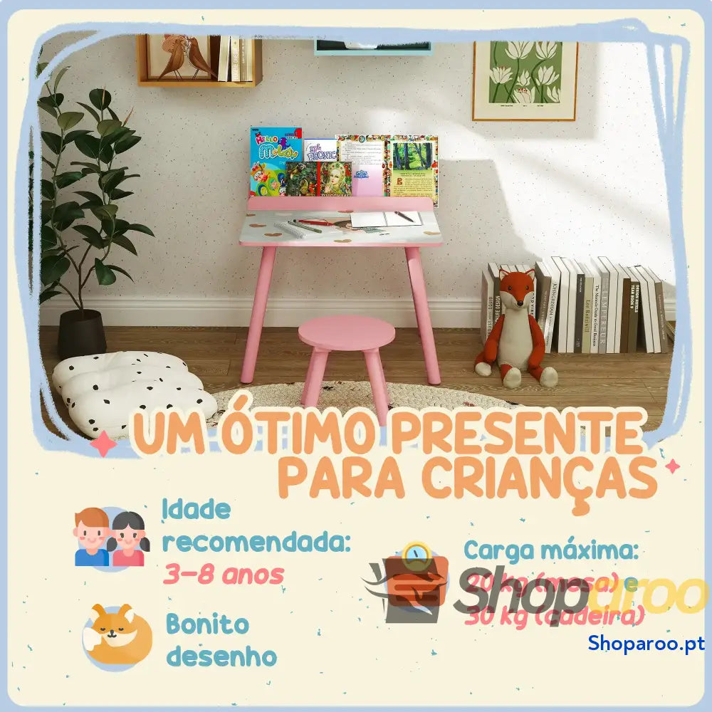 Mesa e cadeira para crianças com prateleira livros rosa
