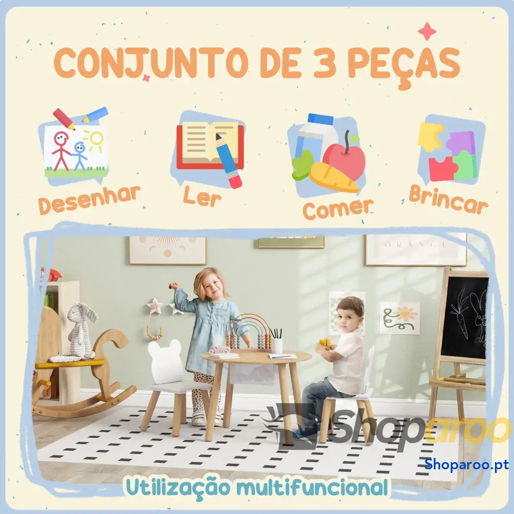 Mesa Infantil com 2 Cadeiras Espaço de Arrumação para Crianças 3-6 Anos Sala Jogos Dormitório Madeira e Branco
