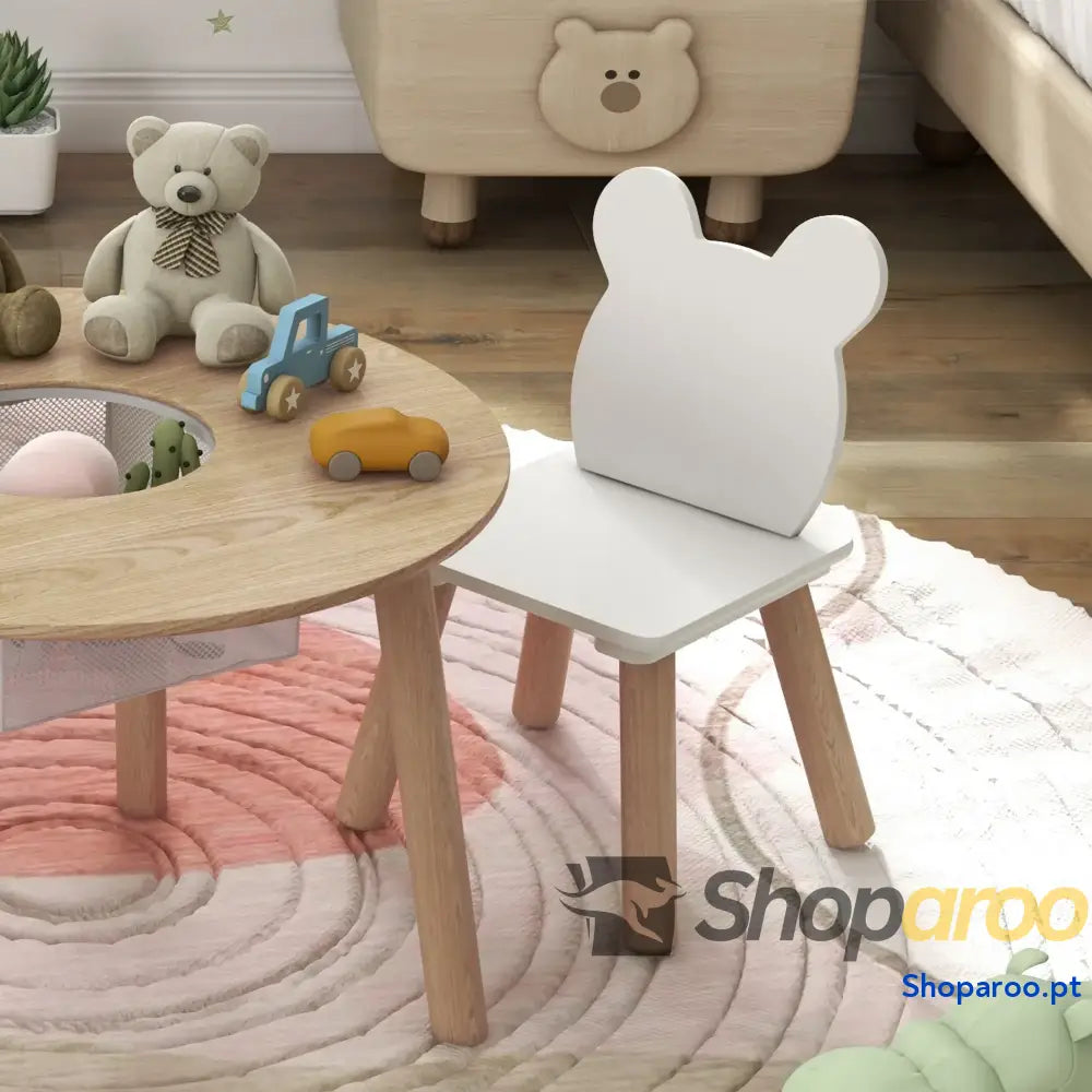 Mesa Infantil com 2 Cadeiras Espaço de Arrumação para Crianças 3-6 Anos Sala Jogos Dormitório Madeira e Branco