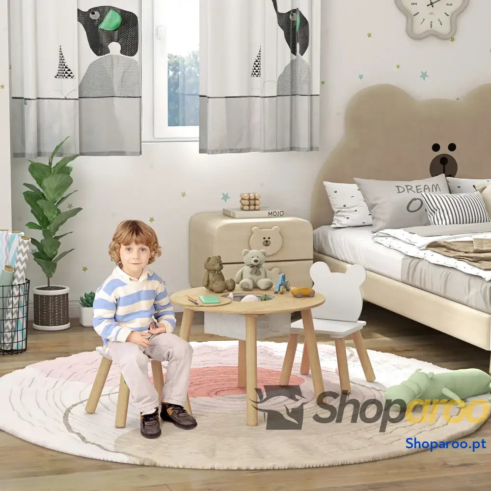 Mesa Infantil com 2 Cadeiras Espaço de Arrumação para Crianças 3-6 Anos Sala Jogos Dormitório Madeira e Branco