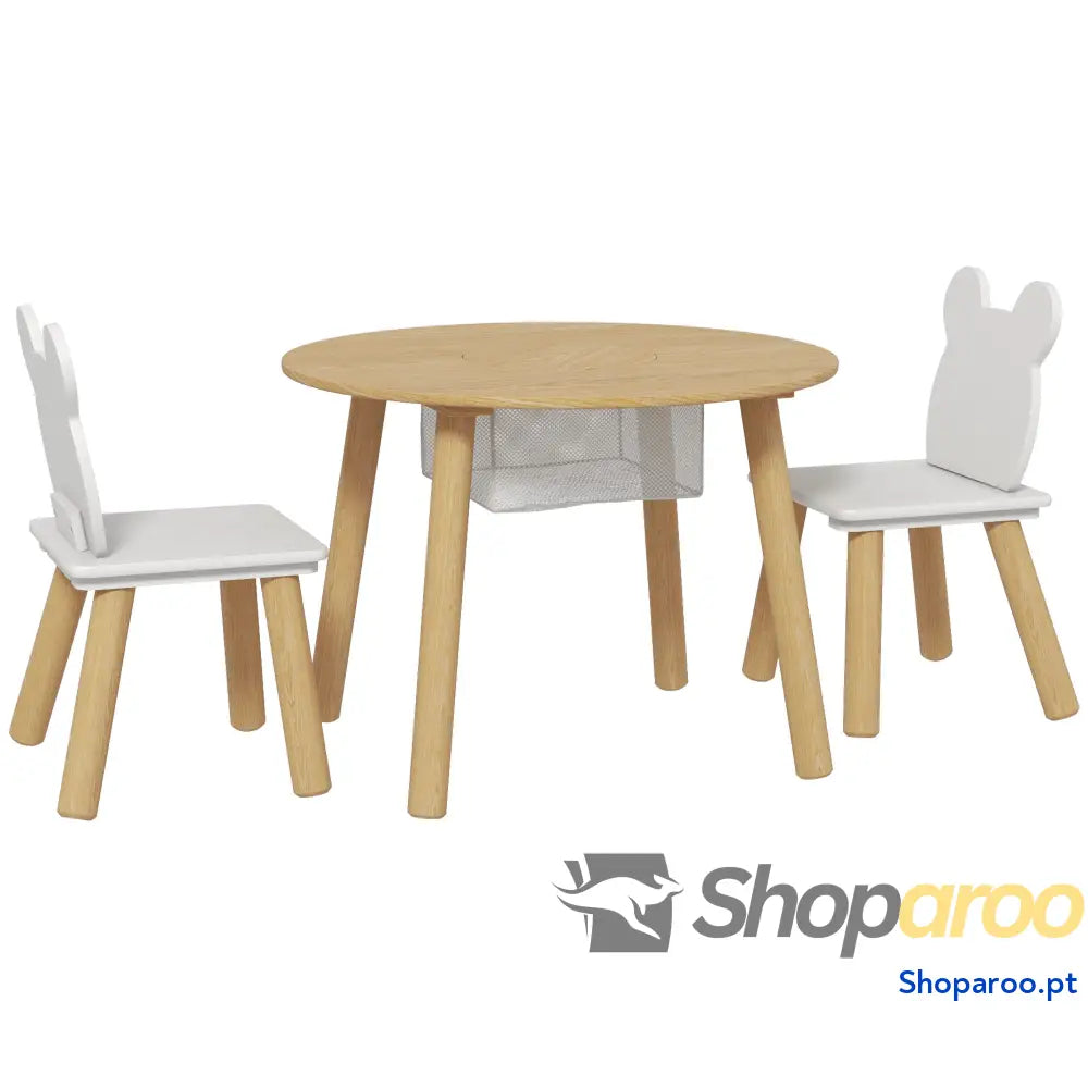 Mesa Infantil com 2 Cadeiras Espaço de Arrumação para Crianças 3-6 Anos Sala Jogos Dormitório Madeira e Branco