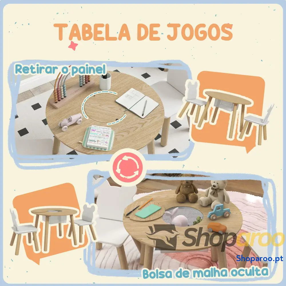 Mesa Infantil com 2 Cadeiras Espaço de Arrumação para Crianças 3-6 Anos Sala Jogos Dormitório Madeira e Branco