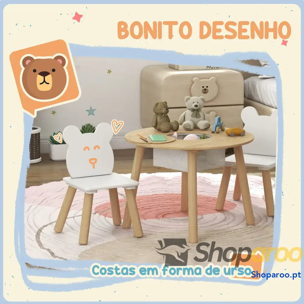 Mesa Infantil com 2 Cadeiras Espaço de Arrumação para Crianças 3-6 Anos Sala Jogos Dormitório Madeira e Branco