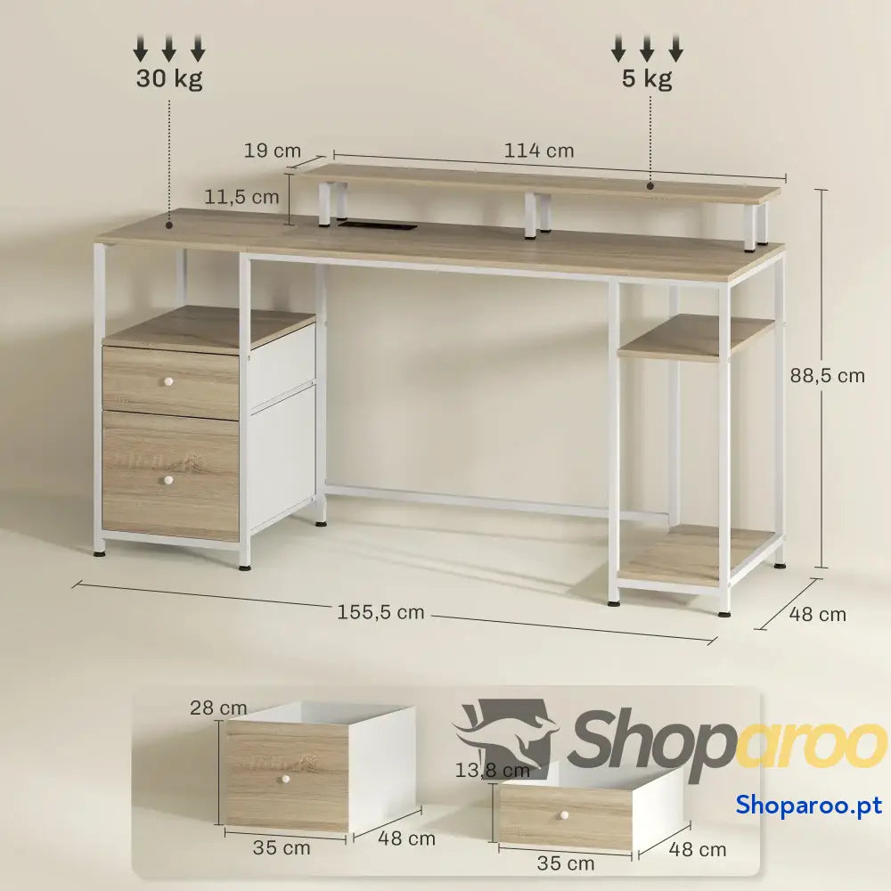 Mesa para computador com LED prateleiras gavetas USB madeira 155x48x75 cm