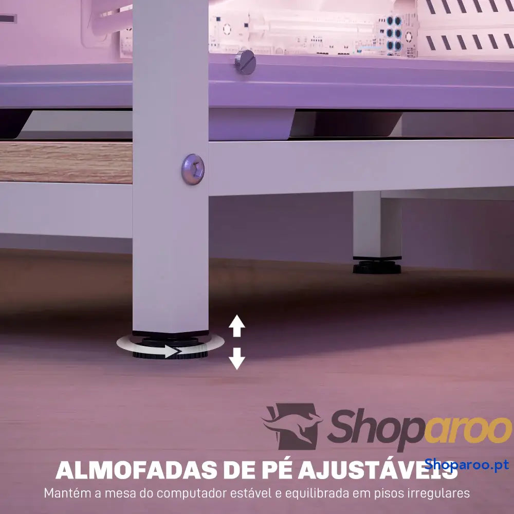 Mesa para computador com LED prateleiras gavetas USB madeira 155x48x75 cm