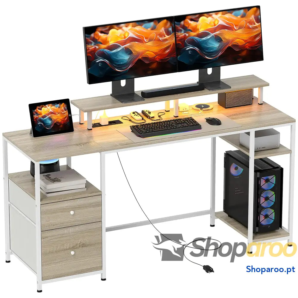 Mesa para computador com LED prateleiras gavetas USB madeira 155x48x75 cm
