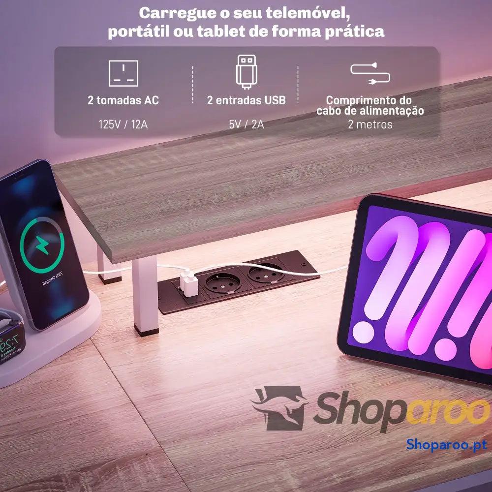 Mesa para computador com LED prateleiras gavetas USB madeira 155x48x75 cm