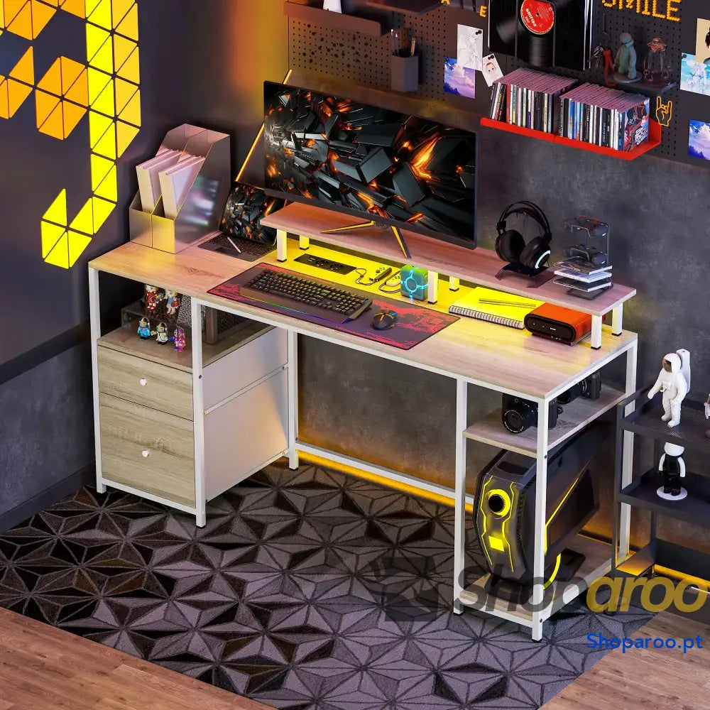 Mesa para computador com LED prateleiras gavetas USB madeira 155x48x75 cm