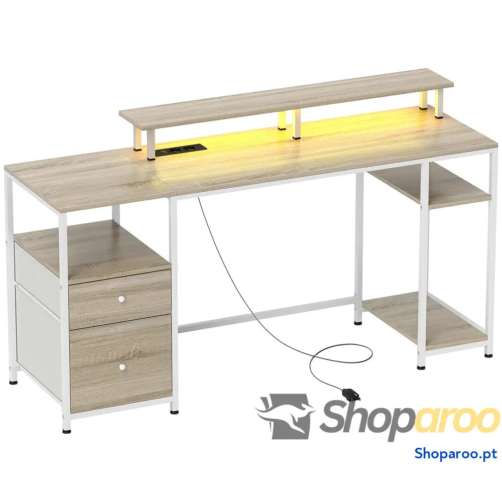 Mesa para computador com LED prateleiras gavetas USB madeira 155x48x75 cm