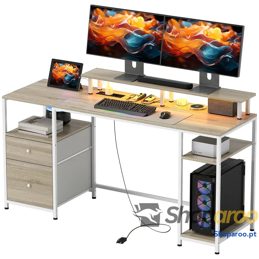 Mesa para computador com LED prateleiras gavetas USB madeira 155x48x75 cm