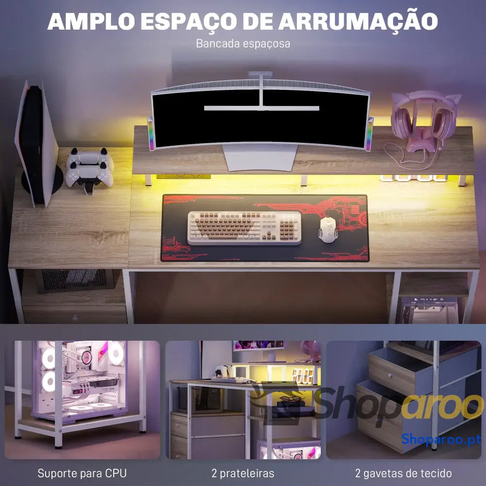 Mesa para computador com LED prateleiras gavetas USB madeira 155x48x75 cm