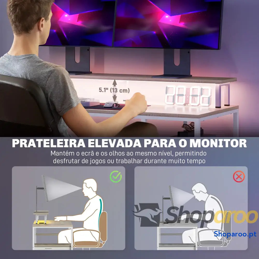 Mesa para computador com LED prateleiras gavetas USB madeira 155x48x75 cm