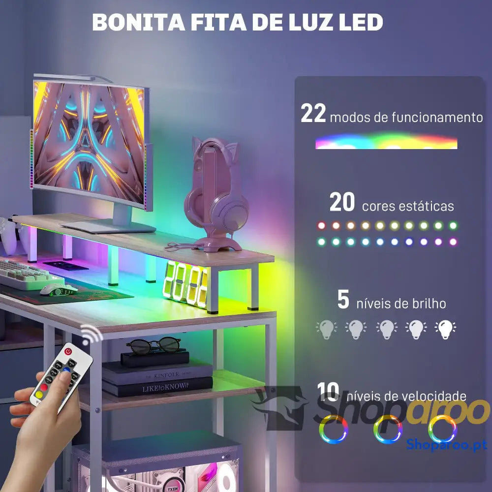 Mesa para computador com LED prateleiras gavetas USB madeira 155x48x75 cm