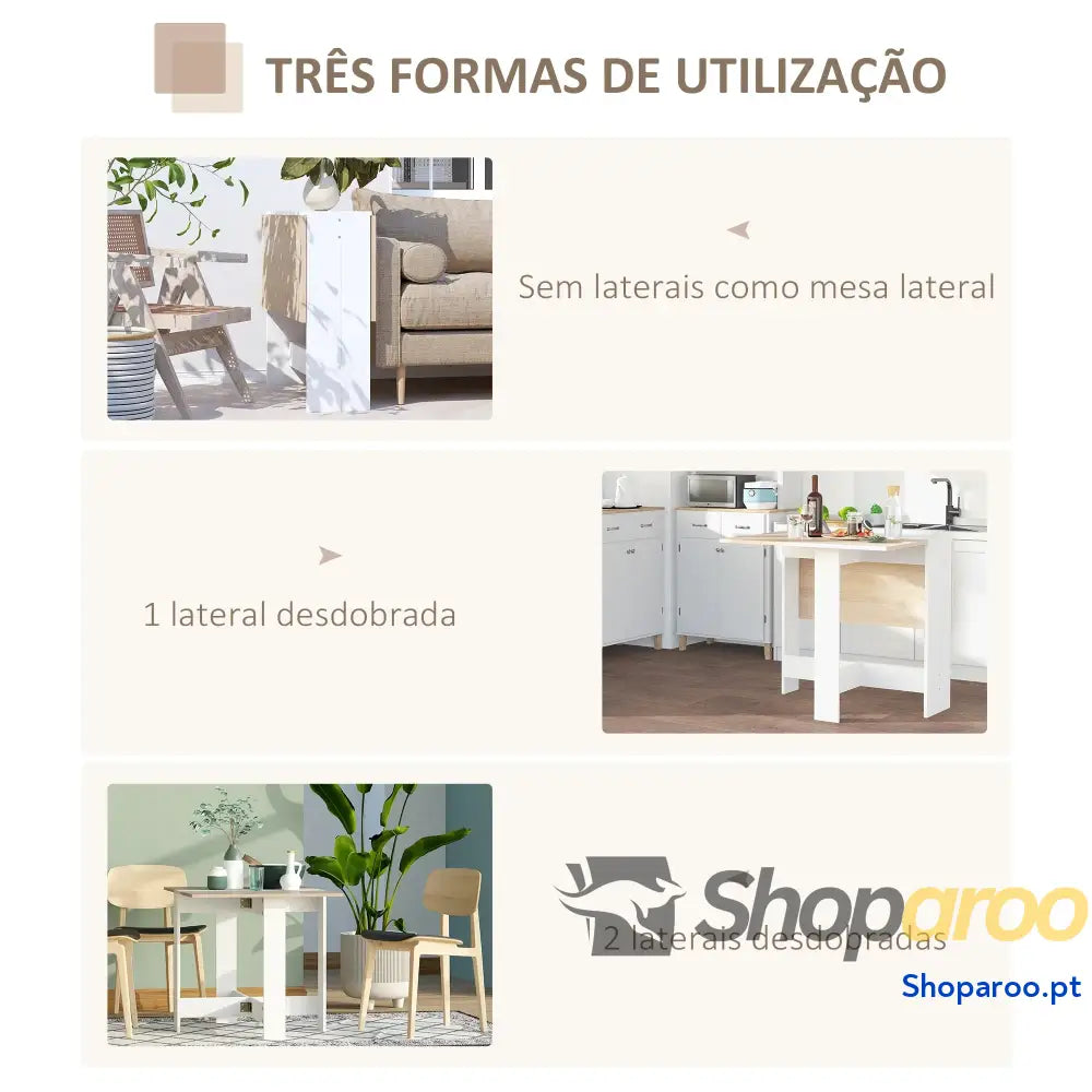 Mesa Sala de Jantar Dobrável Madeira e Branco Laterais Abatíveis