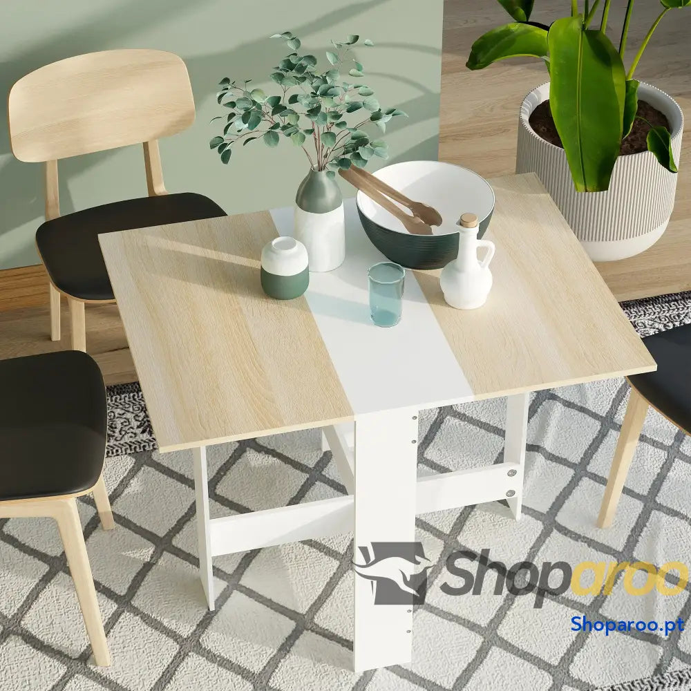 Mesa Sala de Jantar Dobrável Madeira e Branco Laterais Abatíveis