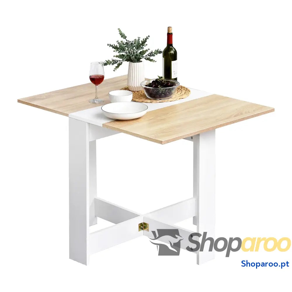 Mesa Sala de Jantar Dobrável Madeira e Branco Laterais Abatíveis