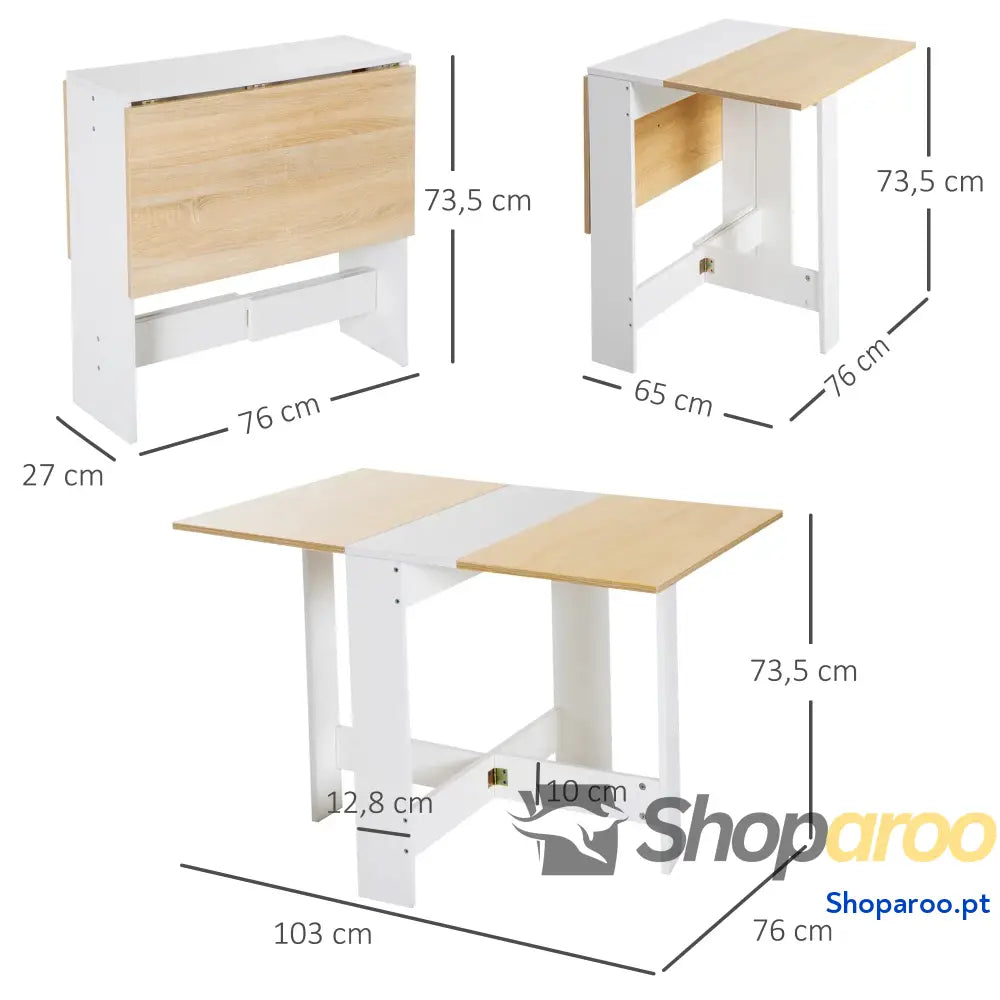 Mesa Sala de Jantar Dobrável Madeira e Branco Laterais Abatíveis