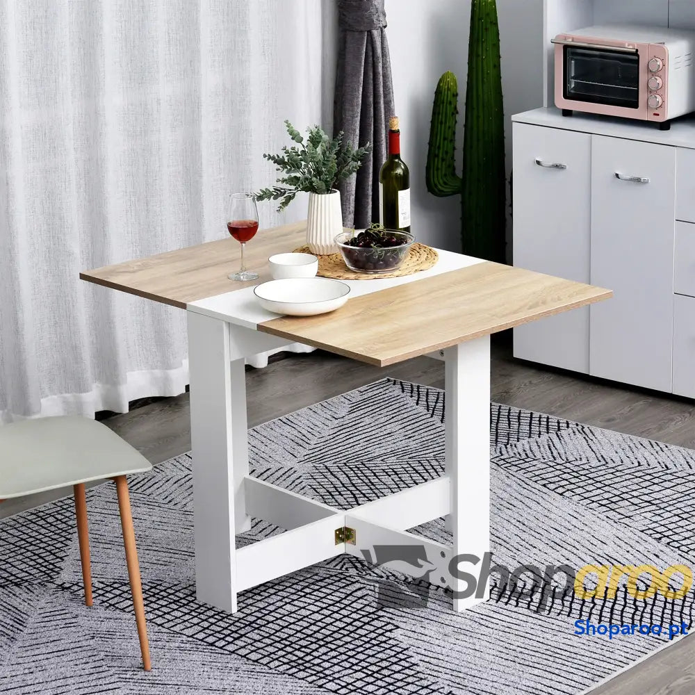 Mesa Sala de Jantar Dobrável Madeira e Branco Laterais Abatíveis