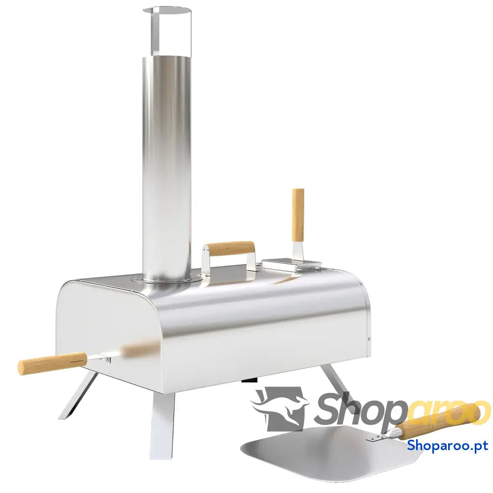 Mini Forno a Lenha para Pizza com Pedra Refratária e Pá em Aço Inoxidável Pés Dobráveis Pegas 79x36x75 cm Prata