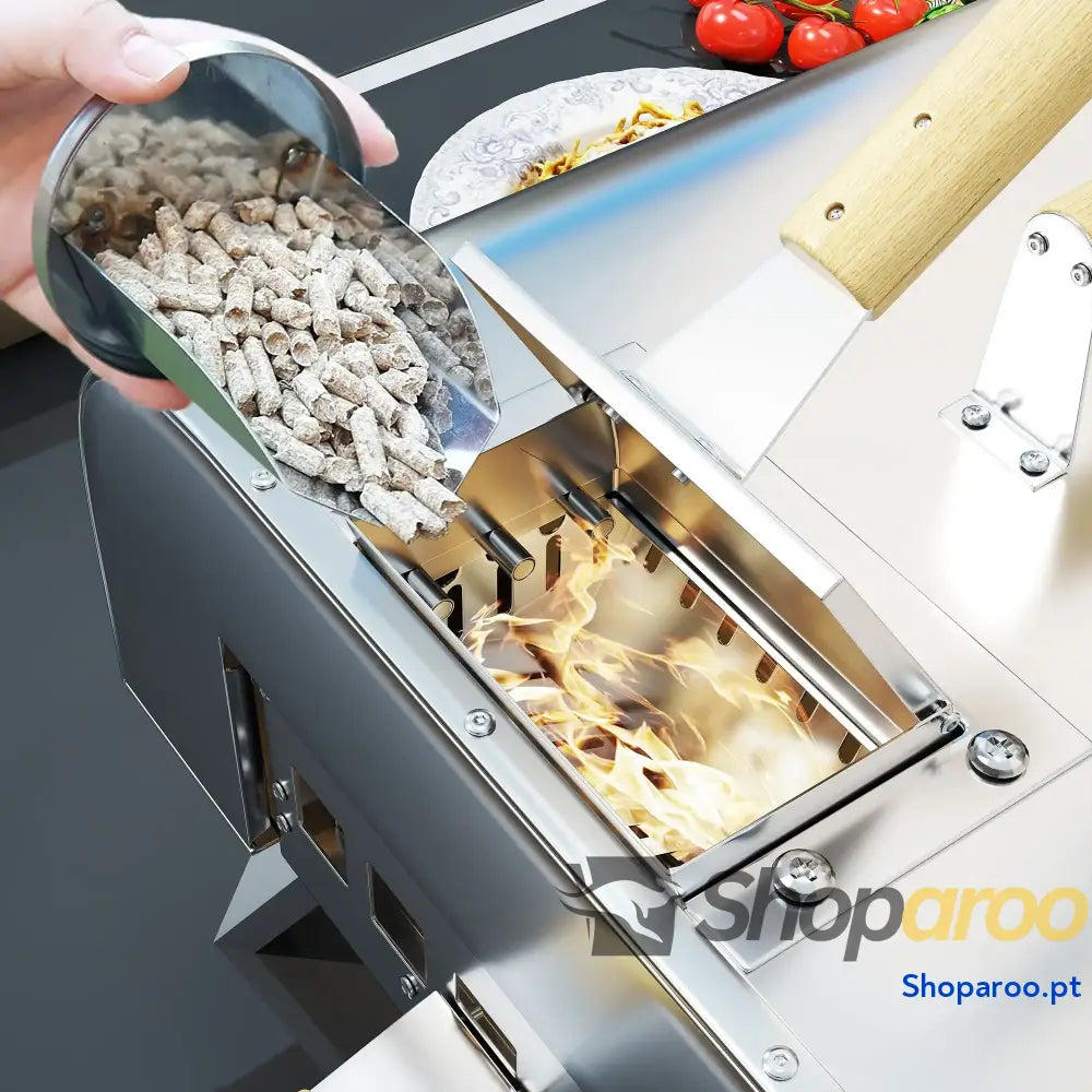Mini Forno a Lenha para Pizza com Pedra Refratária e Pá em Aço Inoxidável Pés Dobráveis Pegas 79x36x75 cm Prata