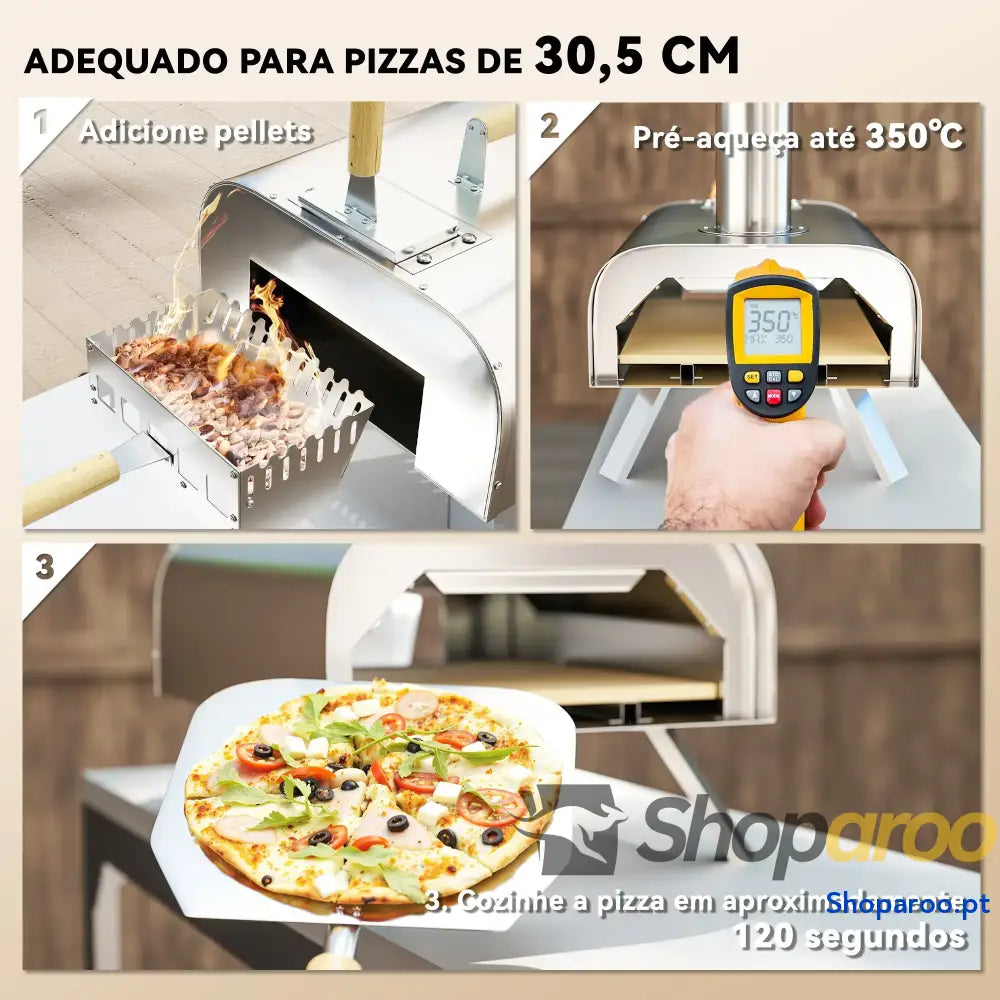 Mini Forno a Lenha para Pizza com Pedra Refratária e Pá em Aço Inoxidável Pés Dobráveis Pegas 79x36x75 cm Prata