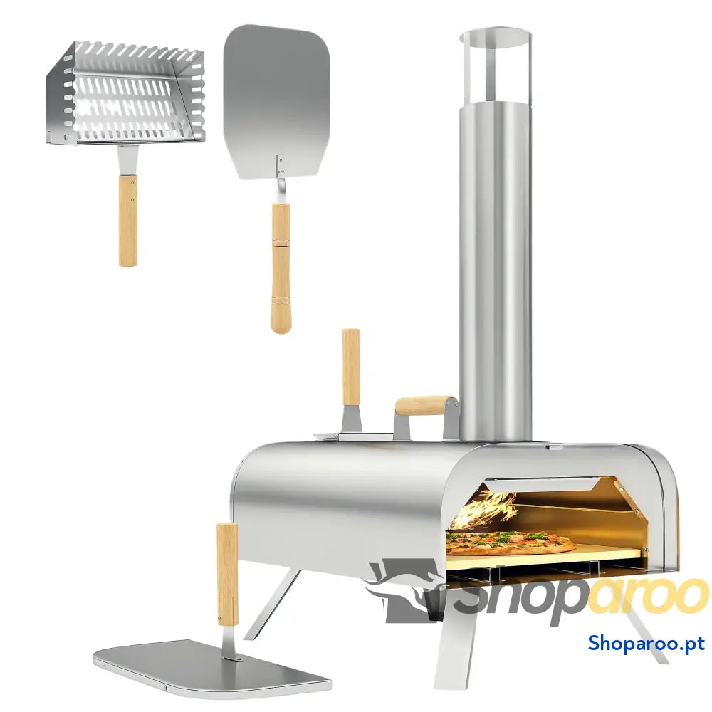 Mini Forno a Lenha para Pizza com Pedra Refratária e Pá em Aço Inoxidável Pés Dobráveis Pegas 79x36x75 cm Prata